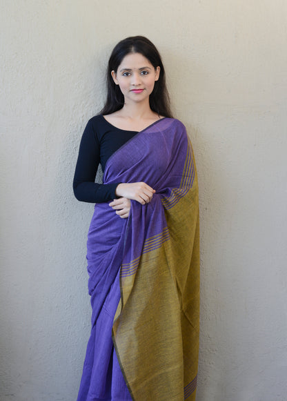 Blue and Mustard Yellow - Handwoven Cotton Saree