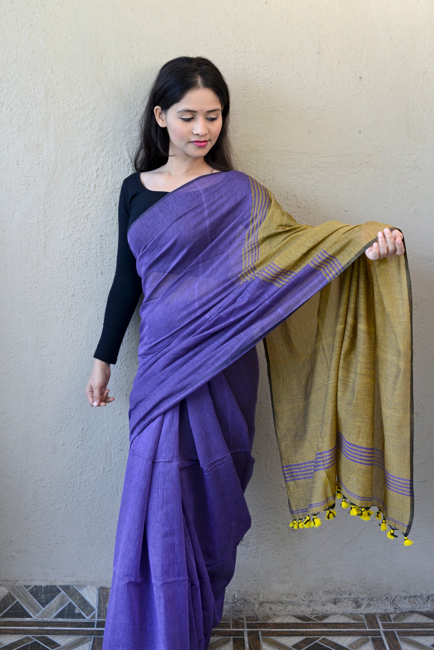 Blue and Mustard Yellow - Handwoven Cotton Saree