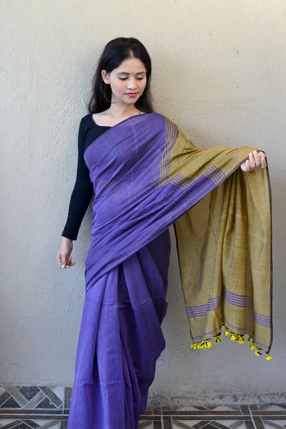 Blue and Mustard Yellow - Handwoven Cotton Saree