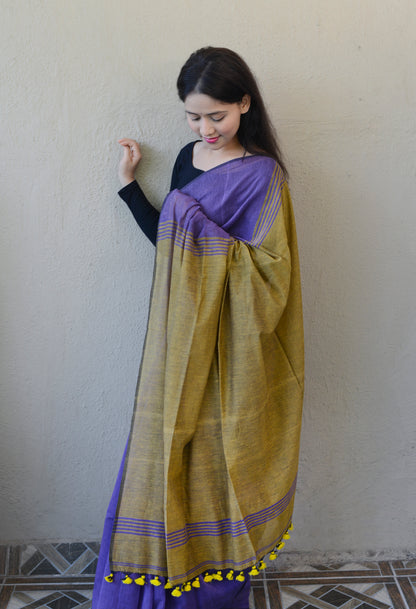 Blue and Mustard Yellow - Handwoven Cotton Saree