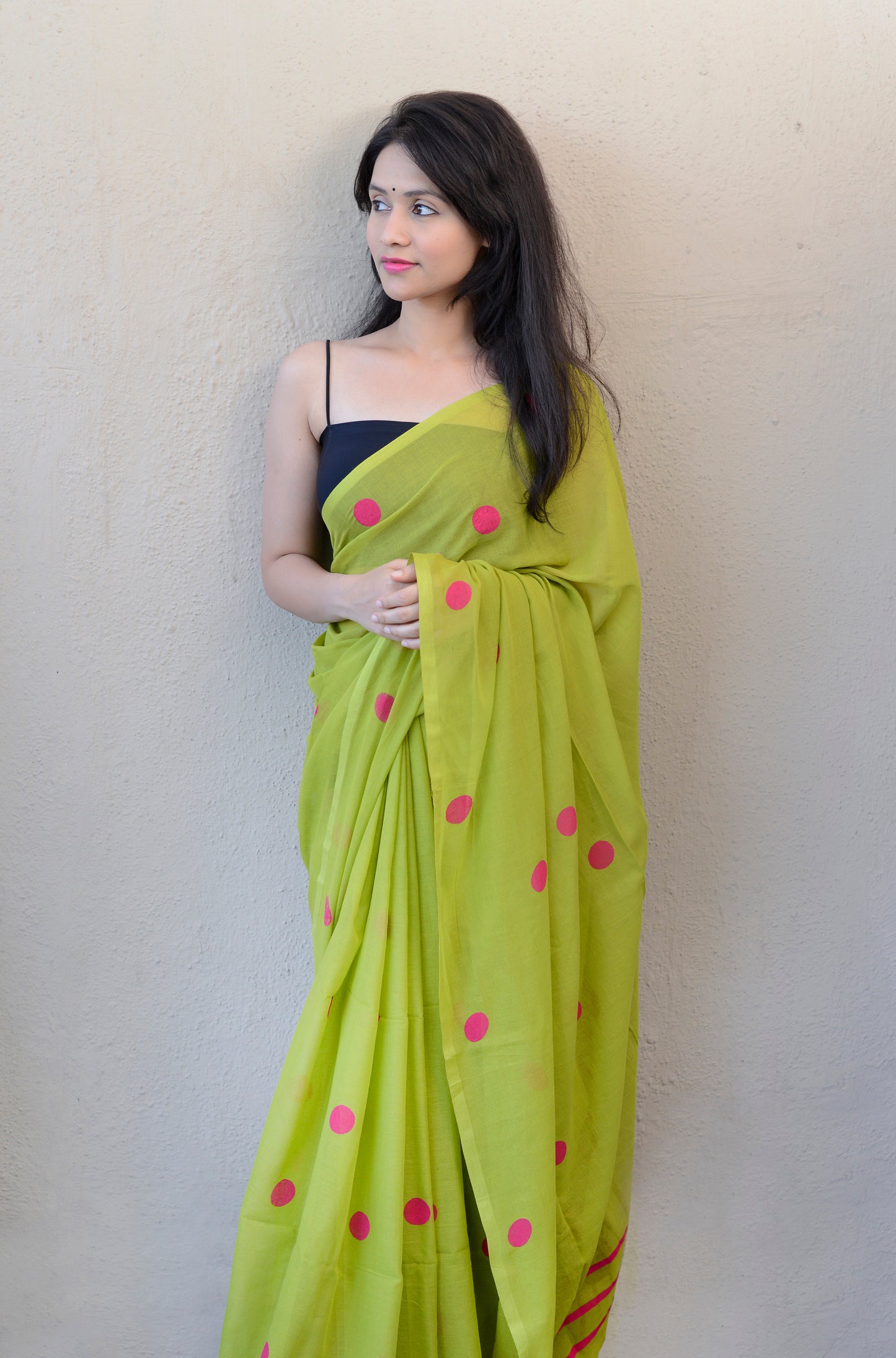 PARROT GREEN & RANI PINK (Polka Dots) - HAND BLOCK PRINTED COTTON SAREE