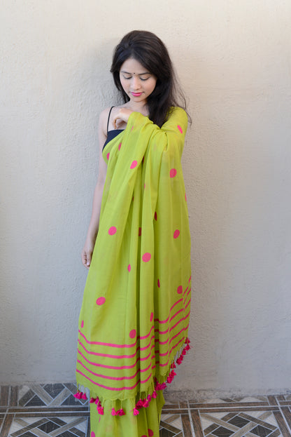 PARROT GREEN & RANI PINK (Polka Dots) - HAND BLOCK PRINTED COTTON SAREE