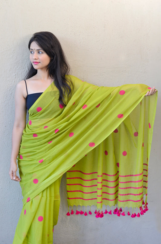 PARROT GREEN & RANI PINK (Polka Dots) - HAND BLOCK PRINTED COTTON SAREE