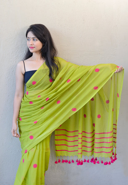 PARROT GREEN & RANI PINK  COMBO (POLKA DOTS) - HAND BLOCK PRINTED COTTON SAREE