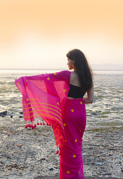PARROT GREEN & RANI PINK  COMBO (POLKA DOTS) - HAND BLOCK PRINTED COTTON SAREE