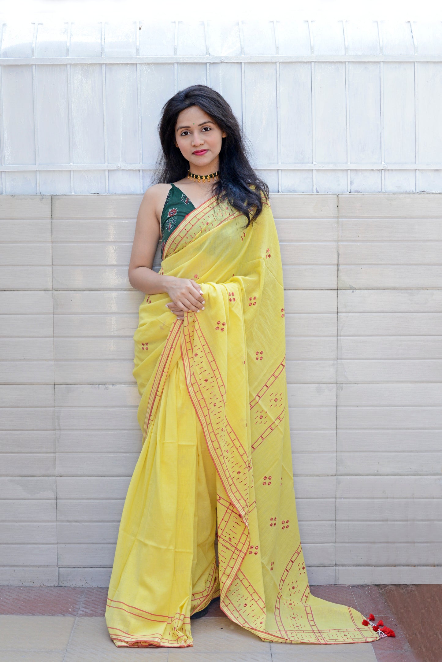 HANDWOVEN YELLOW AND RED JAMDANI SAREE