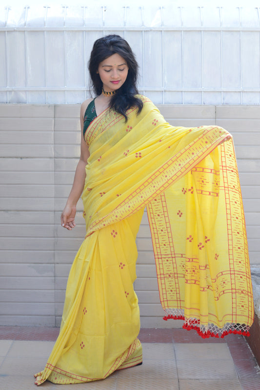 HANDWOVEN YELLOW AND RED JAMDANI SAREE
