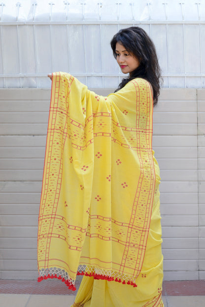 HANDWOVEN YELLOW AND RED JAMDANI SAREE