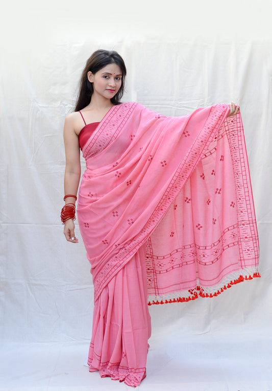 HANDWOVEN PINK AND RED JAMDANI SAREE