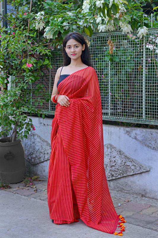 RED & YELLOW COTTON LINE SAREE
