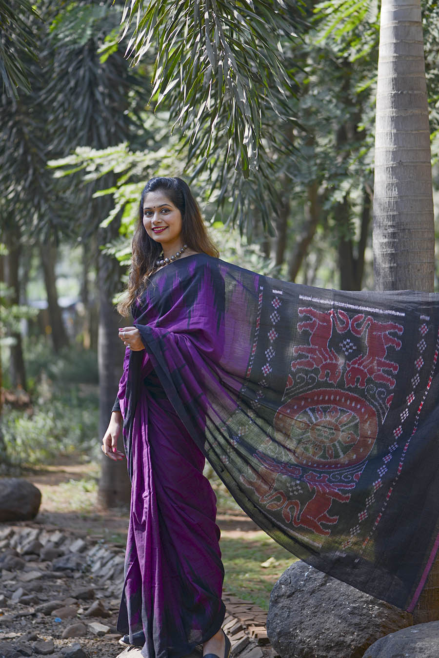 Handwoven Dark Purple Ikat Cotton Saree