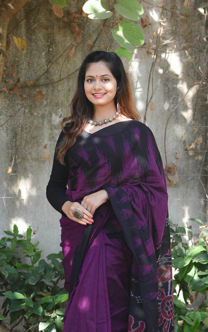 Handwoven Dark Purple Ikat Cotton Saree