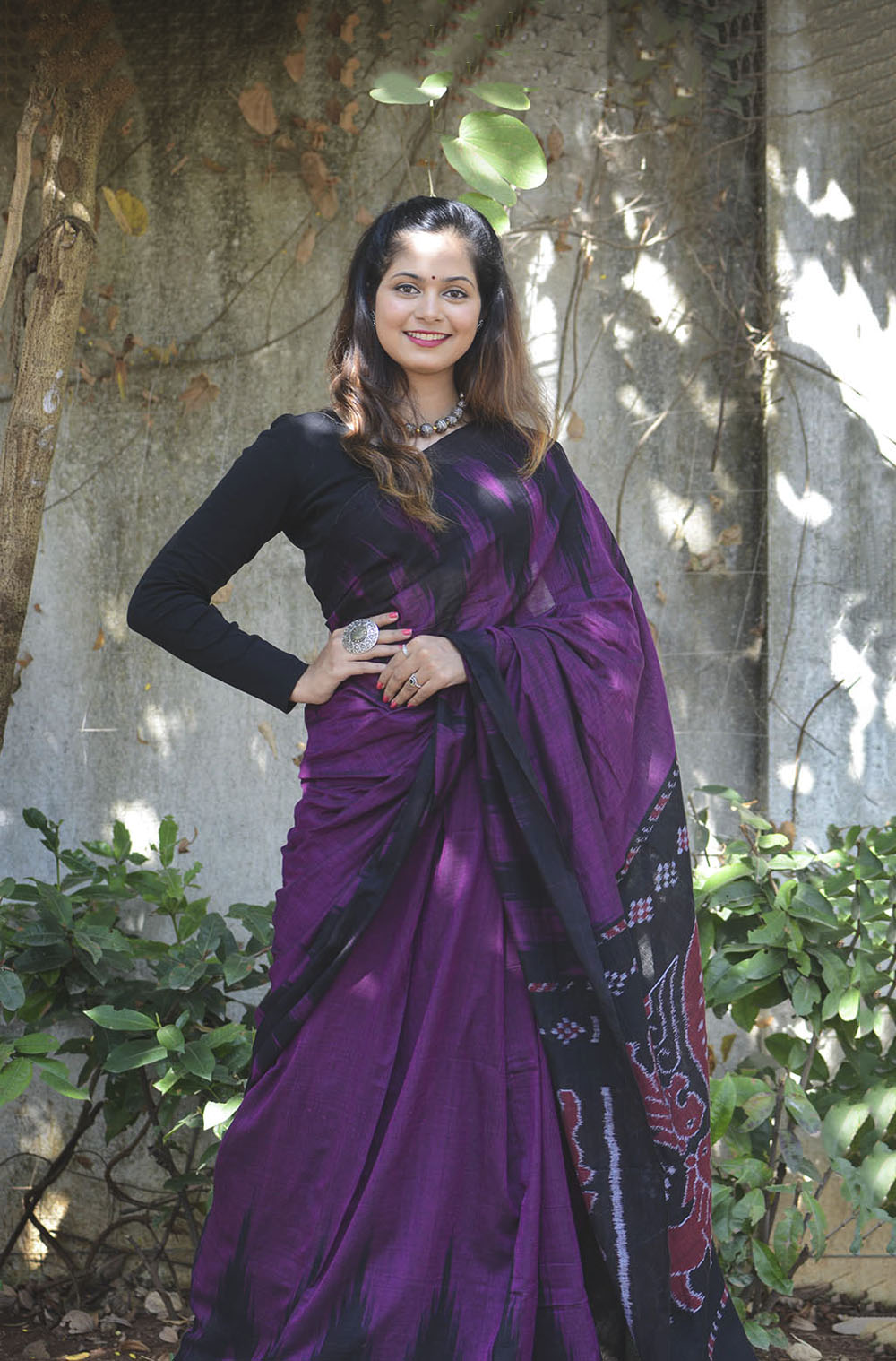 Handwoven Dark Purple Ikat Cotton Saree