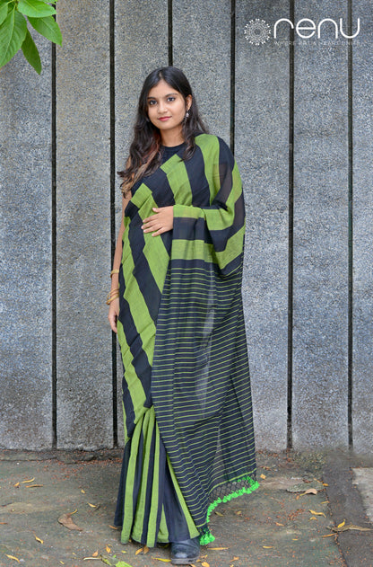 GREEN AND BLACK - HANDWOVEN COTTON SAREE