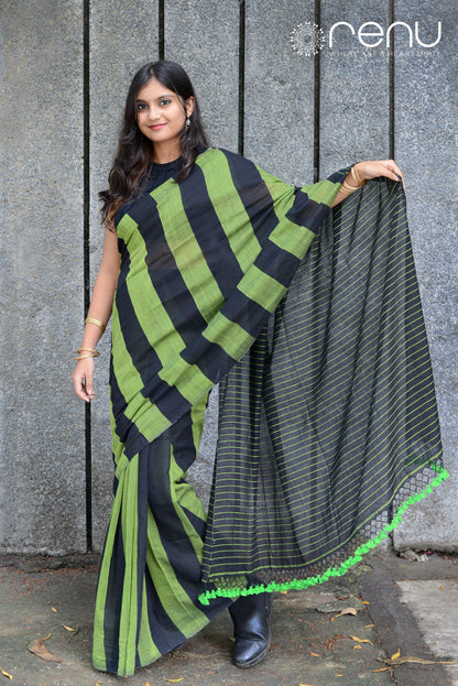 GREEN AND BLACK - HANDWOVEN COTTON SAREE