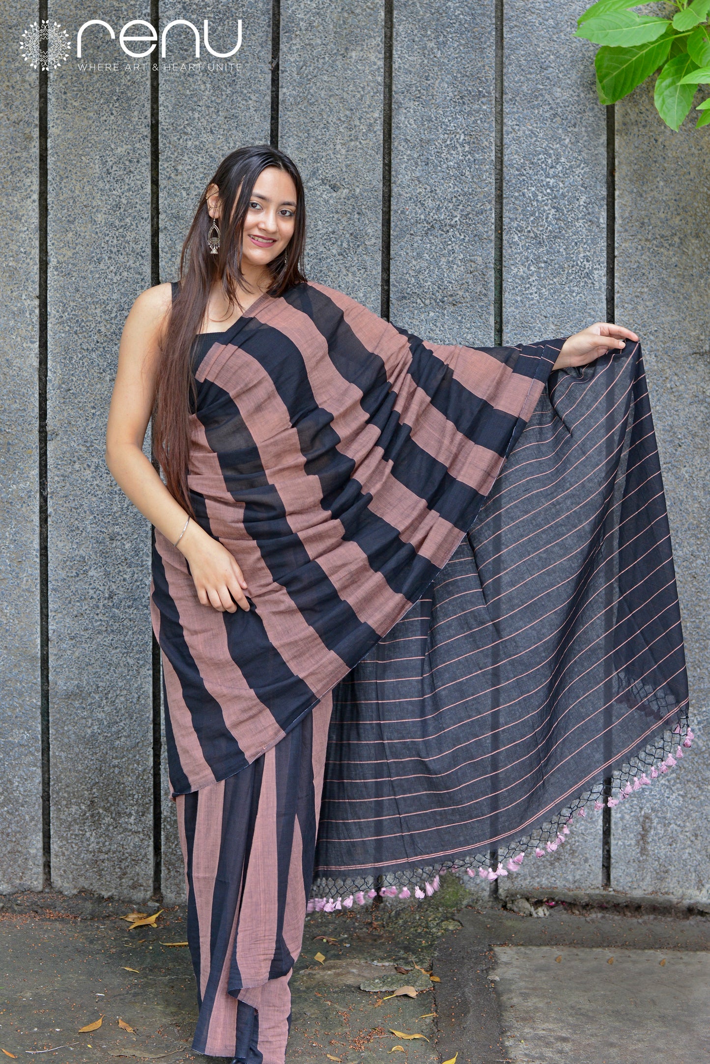 GREEN & ROSY BROWN COMBO  - HANDWOVEN COTTON SAREE