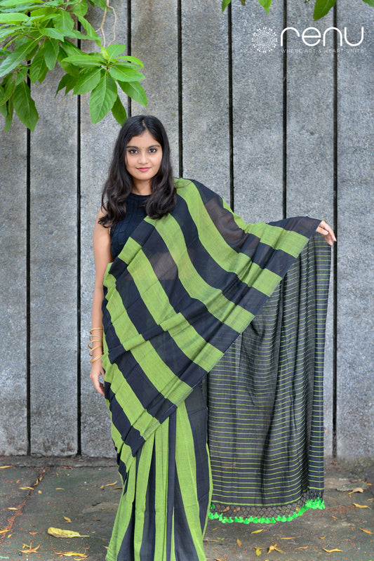 GREEN AND BLACK - HANDWOVEN COTTON SAREE