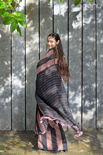 ROSY BROWN AND BLACK - HANDWOVEN COTTON SAREE