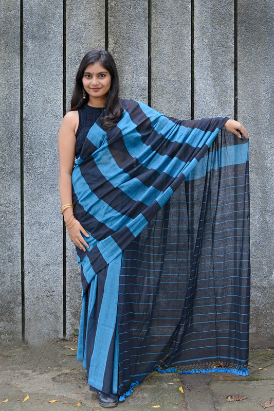 AZURE BLUE AND BLACK - HANDWOVEN COTTON SAREE