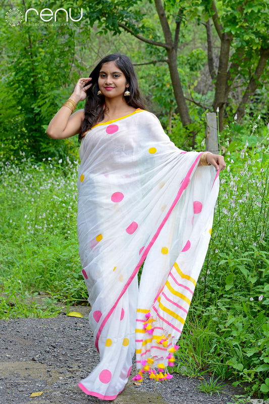 WHITE LOVE - HAND BLOCK PRINTED COTTON SAREE