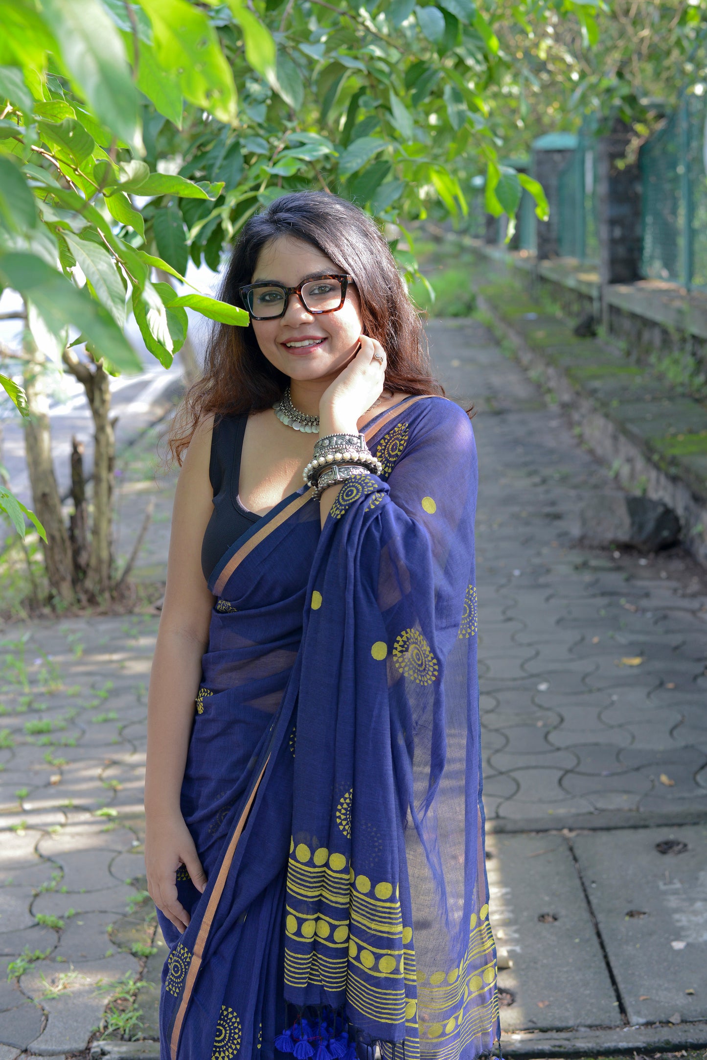 MIDNIGHT BLUE - HAND BLOCK PRINTED COTTON SAREE