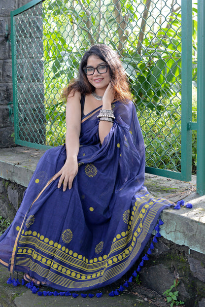 MIDNIGHT BLUE - HAND BLOCK PRINTED COTTON SAREE