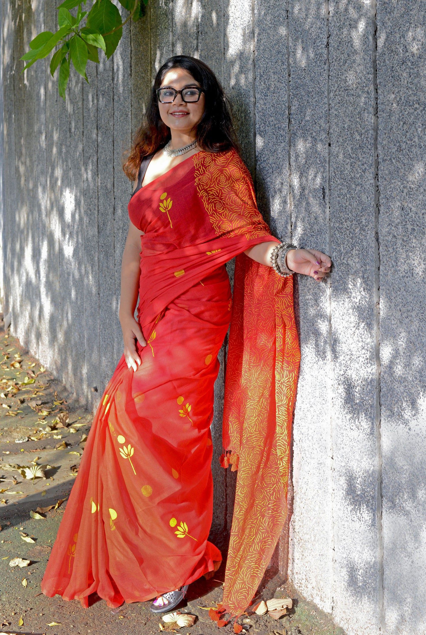 FLORAL LOVE - RED & YELLOW - HAND BLOCK PRINTED COTTON SAREE