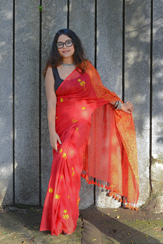 FLORAL LOVE - RED & YELLOW - HAND BLOCK PRINTED COTTON SAREE