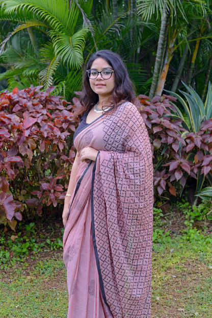 ROSY BROWN - HAND BLOCK PRINTED COTTON SAREE