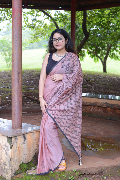 ROSY BROWN - HAND BLOCK PRINTED COTTON SAREE