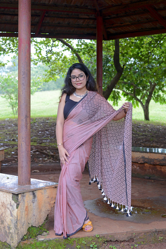 ROSY BROWN - HAND BLOCK PRINTED COTTON SAREE