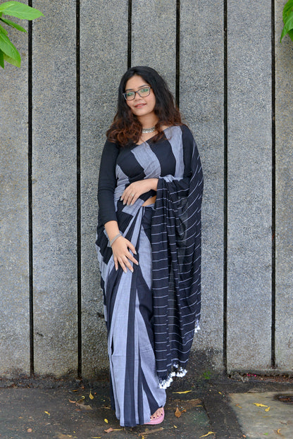 STILL GRAY AND  BLACK - HANDWOVEN COTTON SAREE