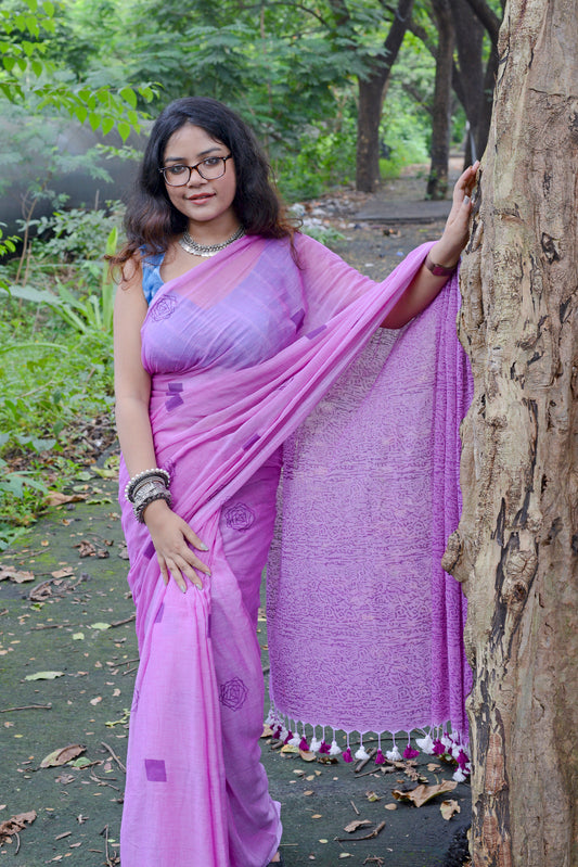 SHADES OF PURPLE - HAND BLOCK PRINTED COTTON SAREE