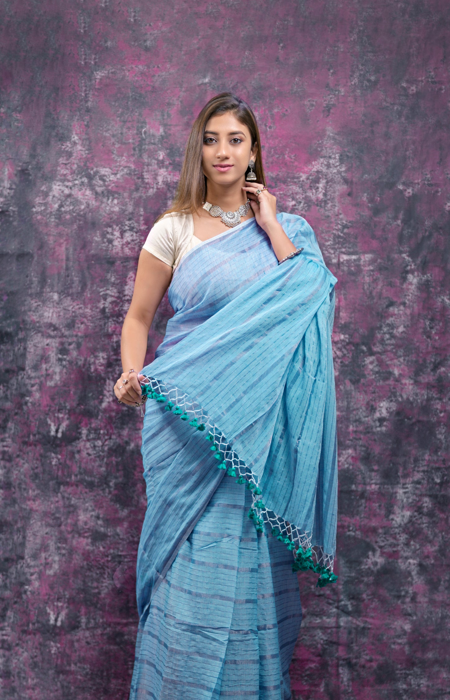 SKY & GREY COMBO - HANDWOVEN SILVER ZARI STRIPES