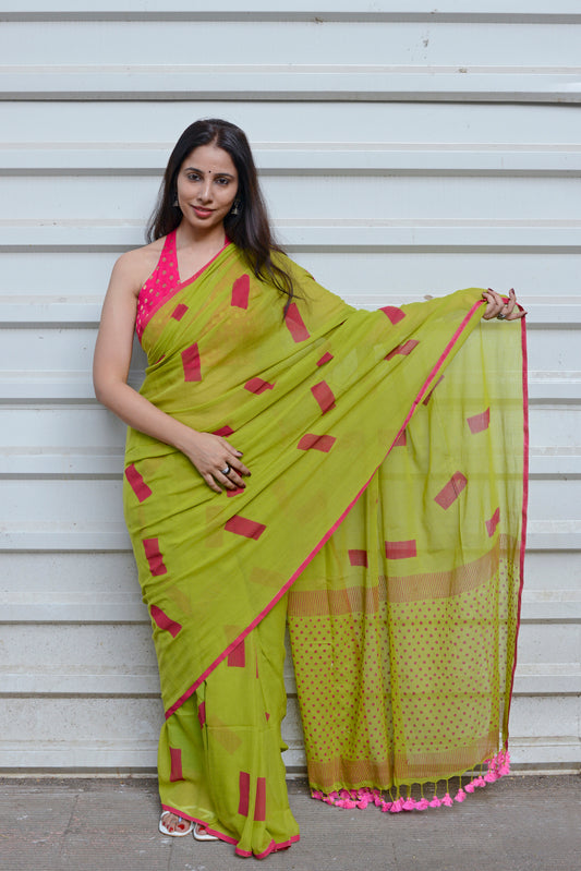 ABSTRACT - PARROT GREEN & RANI PINK  - HAND BLOCK PRINTED COTTON SAREE