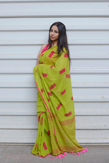 ABSTRACT - PARROT GREEN & RANI PINK  - HAND BLOCK PRINTED COTTON SAREE