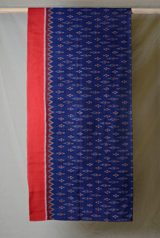 Navy Blue Red Border Ikat Cotton Saree