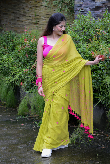NEON GREEN - LOVE HAND BLOCK PRINTED COTTON SAREE
