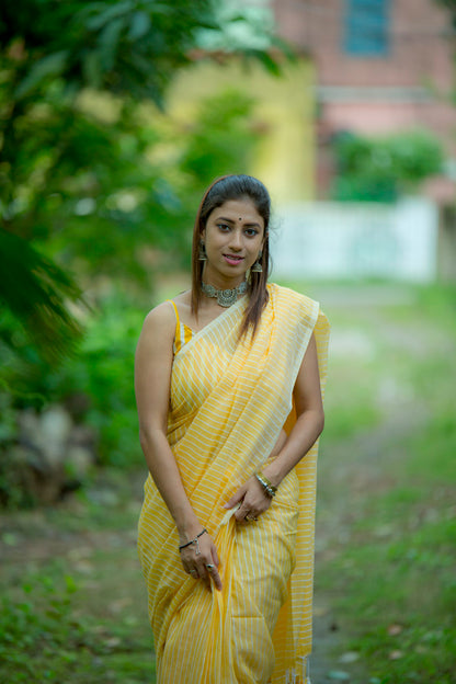 Yellow Cotton Lines Saree