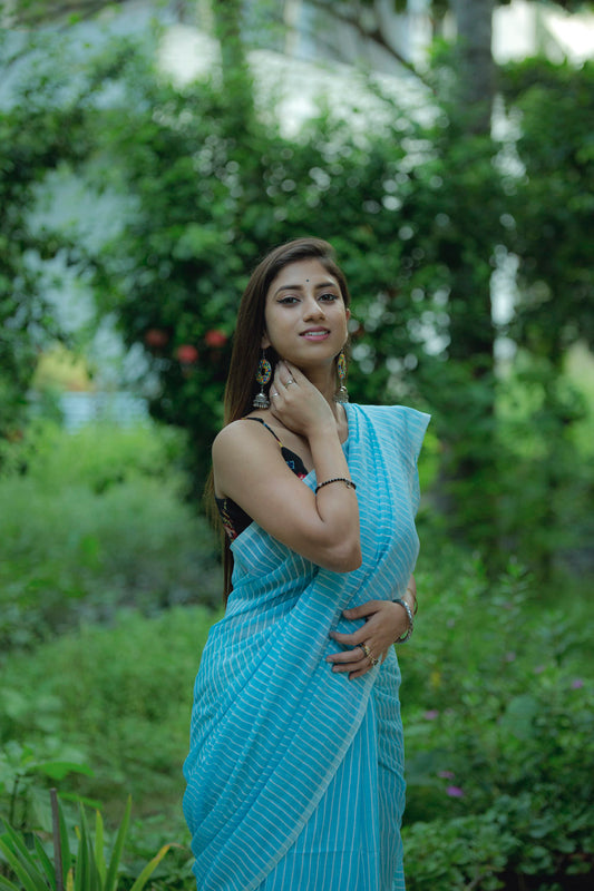 Sky Blue Cotton Line Saree