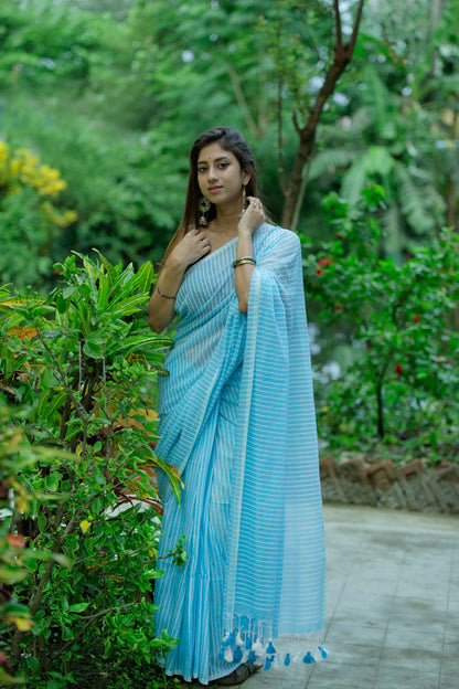 Sky Blue Cotton Line Saree