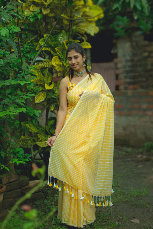 Yellow Cotton Lines Saree
