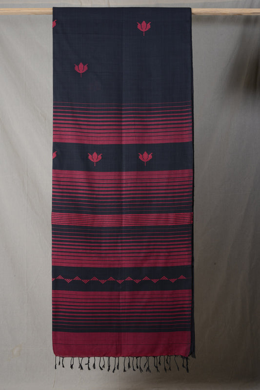 Handwoven Black Red Lotus Bawanbooti Saree