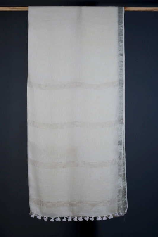 White Linen with Silver Zari Border