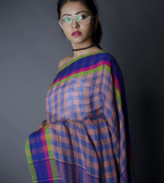 Multicolour Checks Linen Saree