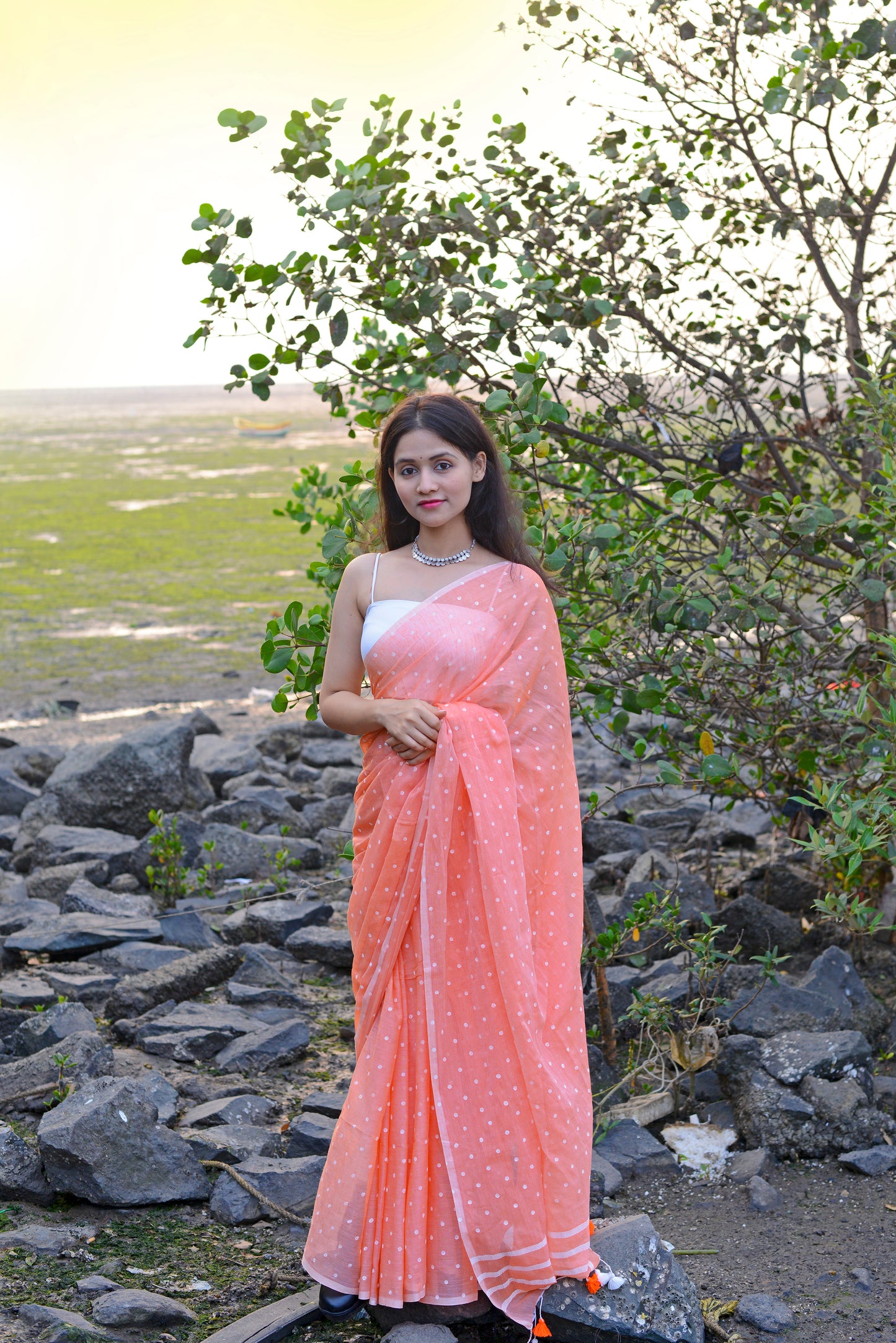 Peach Love (ALL OVER DOTS)  HAND BLOCK PRINTED COTTON SAREE