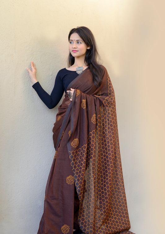 Coffee Brown - Hand Block Printed Cotton Saree