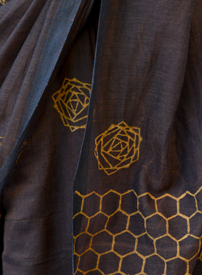 Coffee Brown - Hand Block Printed Cotton Saree