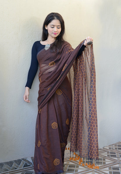 Coffee Brown - Hand Block Printed Cotton Saree