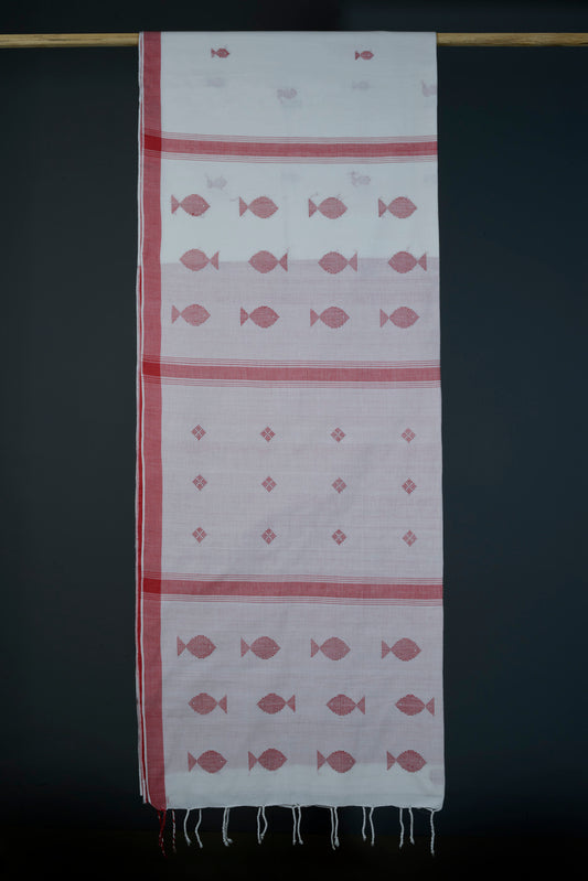 Handwoven  Red & White Fish Motif Bawanbooti Saree